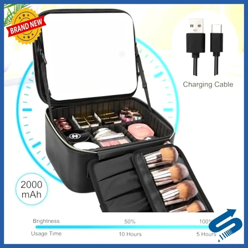 LED Mirror Makeup Train Case with Adjustable Dividers & Brush Holder